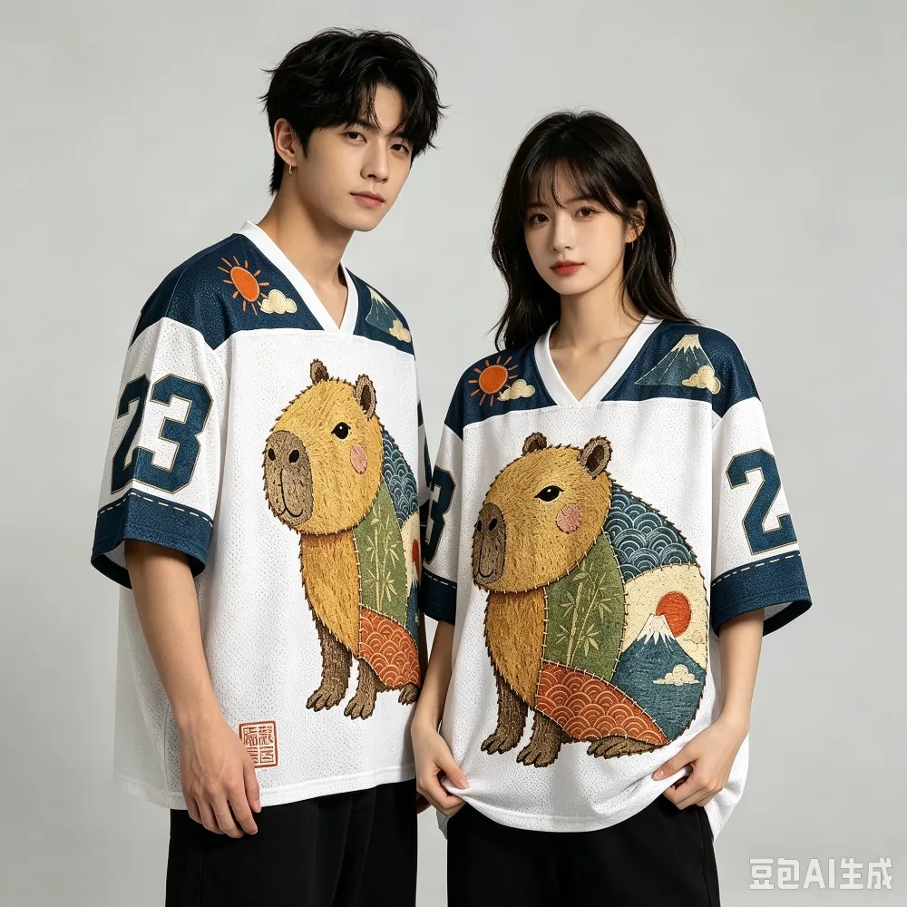 3D Print Capybara Japanese Ukiyo-e Graphic Breathable Jersey T-Shirt Unisex Oversized V-Neck Short Sleeve Couple Streetwear Tops