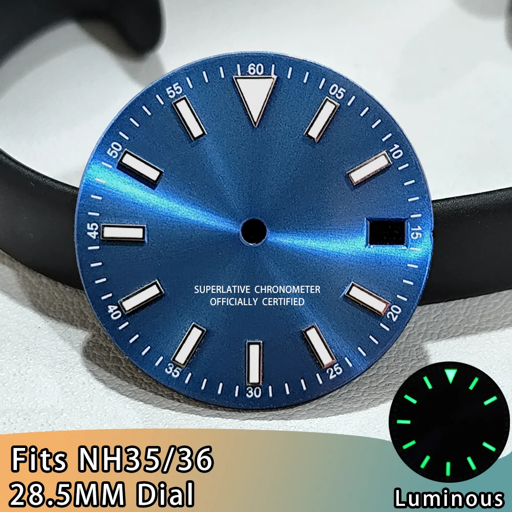 

Custom logo Dial NH35 Watch Dial High Quality 28.5mm NH35 Dial For NH35 Movement Men's Watch Accessories Green Luminous Dial