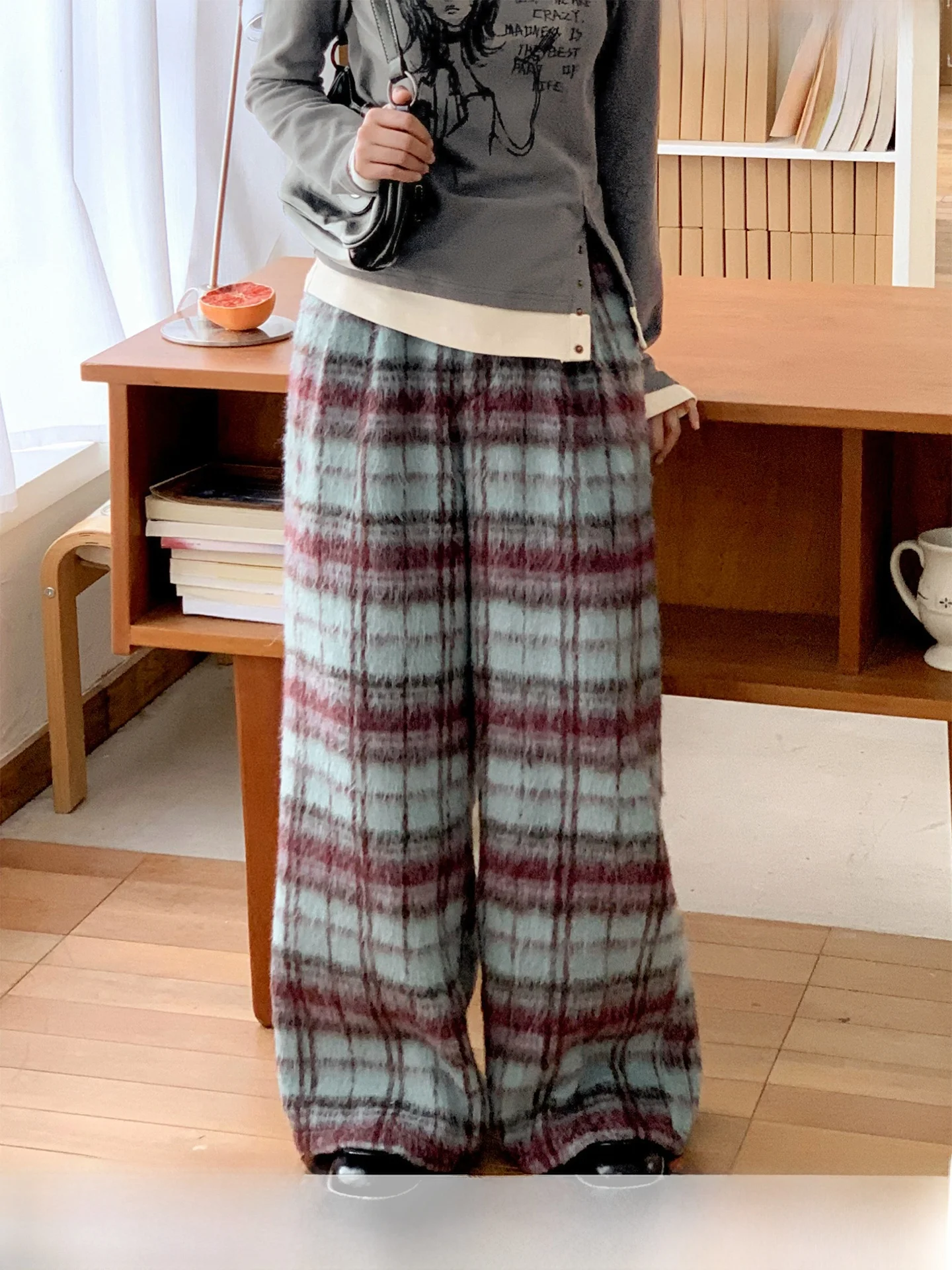

Chtry Girl H Fce Trace Leisure Pants f Elastic Waist Slightly Stretchy Woolen Autumn Winter Faionable Straight Leg