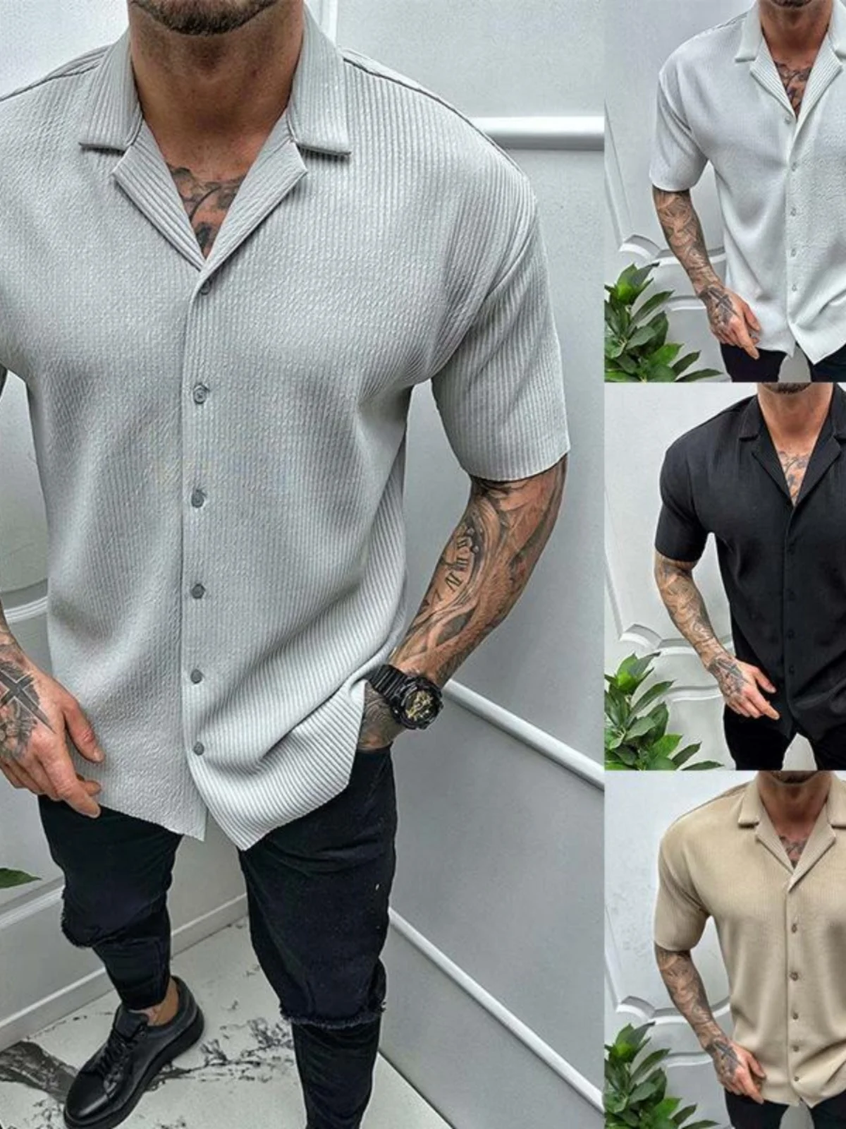 

Мужская летняя легкая дышащая футболка свободного кроя с кубинским воротником и коротким рукавом, повседневный стиль, однотонная