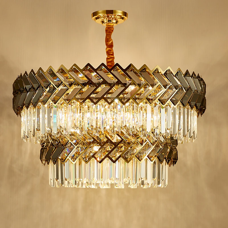 

Light Luxury Living Room Light Double Layered Stainless Steel Light Circular Bedroom Dining Table Minimalist Crystal Light LED
