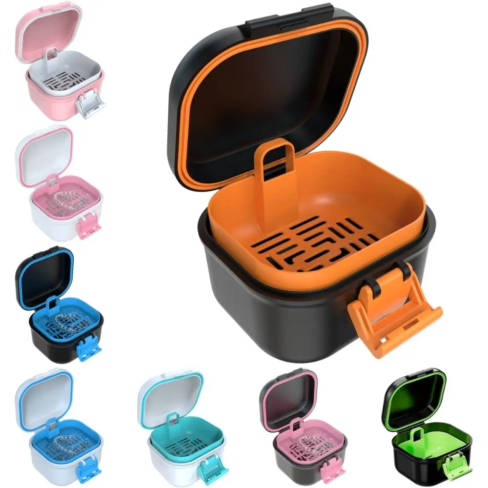 Double-Layer Leak-Proof Denture Soaking Cup with Drain Basket and Ring Protective Portable Denture Container Multifunctional