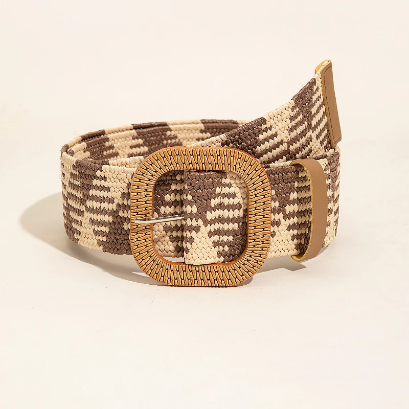 

Fashion PP Grass Woven Belt Bohemian Beach Style Dress Accessories Striped Wood Pin Buckle Designer Belt New 2023