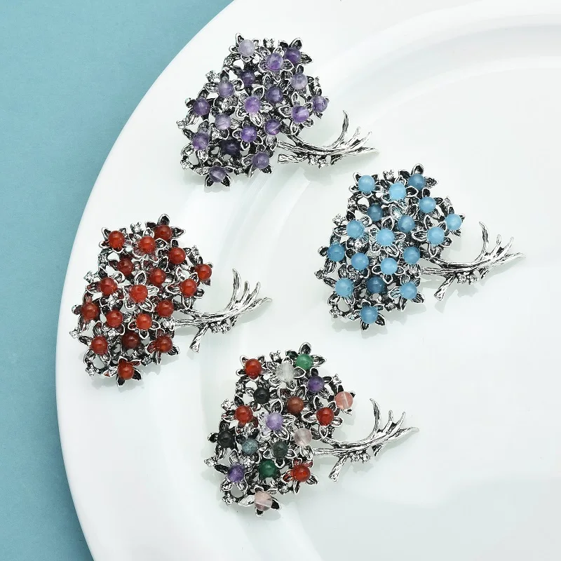 Wuli&baby Natural Stone Flower Brooches For Women 4-color Tree Plants Party Office Brooch Pins Fashion Jewelry Gifts