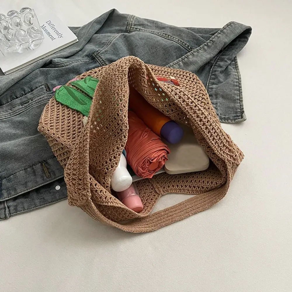

Nylon Knitted Shoulder Bag Lightweight Crochet Design Hollow Out Bag Large Capacity Embroidery Weave Beach Handbag Shopping