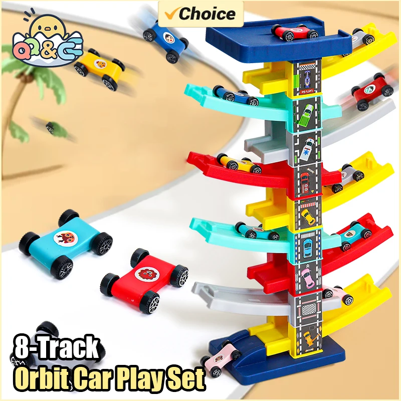 Conjunto de carro de órbita de 8 faixas com 8 carros, montagem de pilha, cortina de pista de corrida, veículo de brinquedo para meninos, crianças, presentes de aniversário