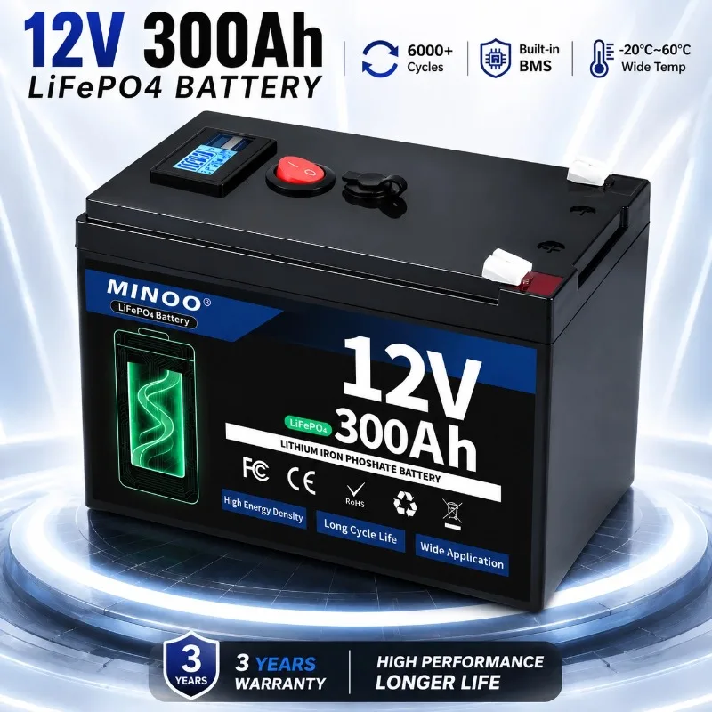12V 300Ah LiFePO4 Solar Battery Deep Cycle Rechargeable Built-in BMS Lithium 300000mAh for Power Wheels Scooters Fish Finder