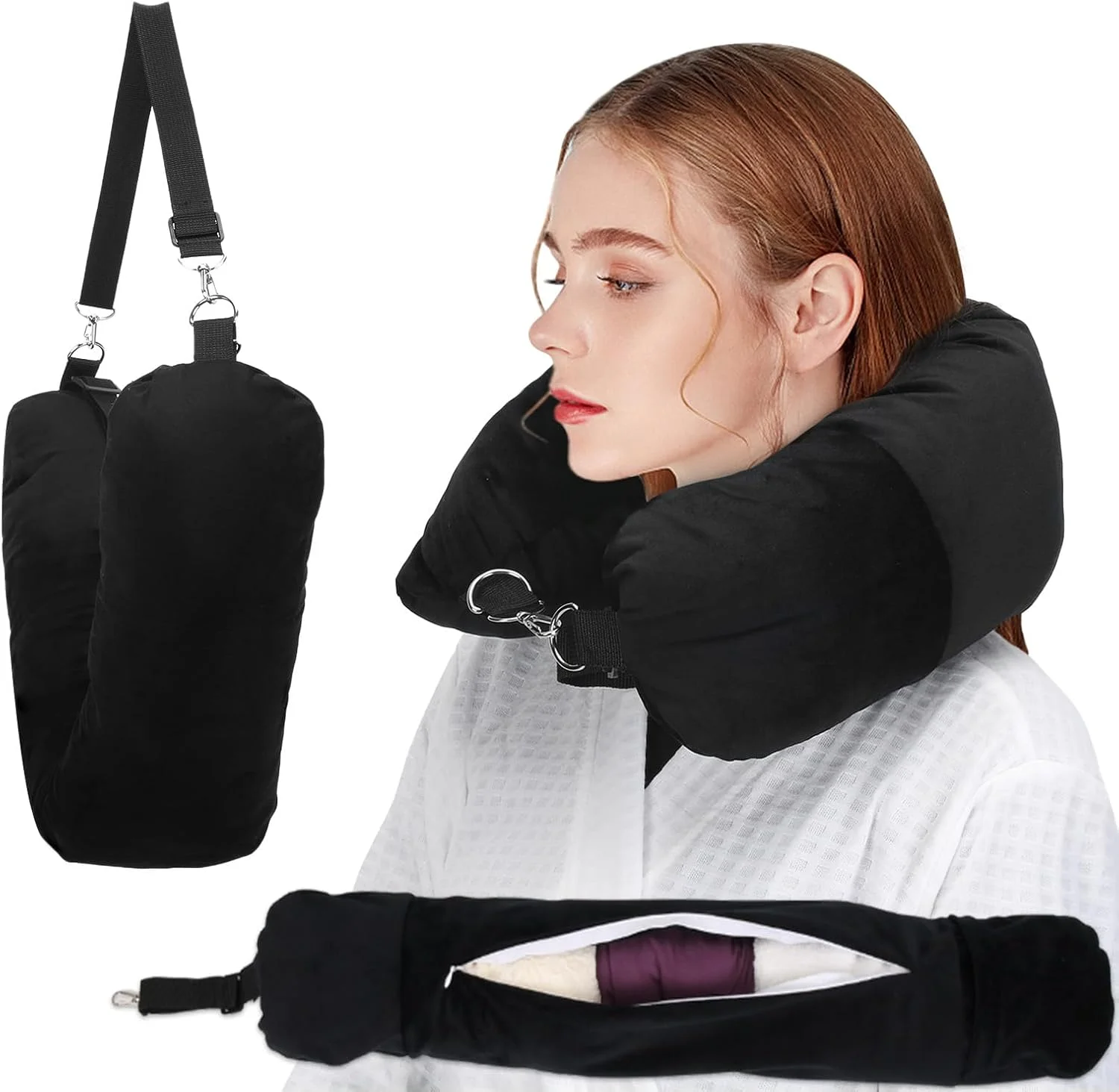 Refillable Travel Neck Pillow - Adjustable Memory Foam Pillowcase for Airplane, Car & Home, Portable with Storage Bag