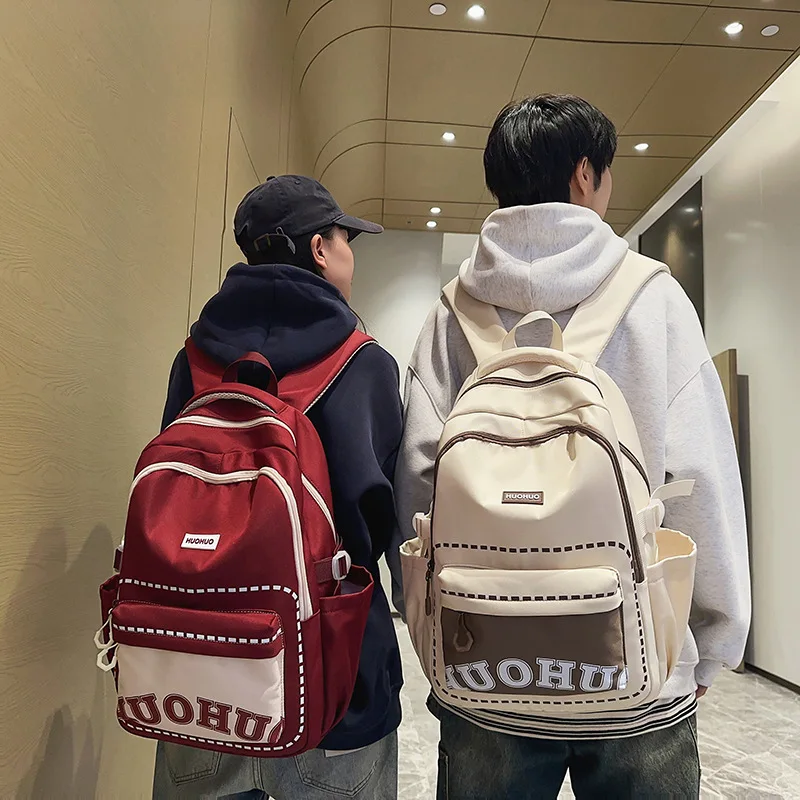 Letter Print Color Block Student Backpack Large Capacity Wear Resistant Junior High School Campus Casual School Bag