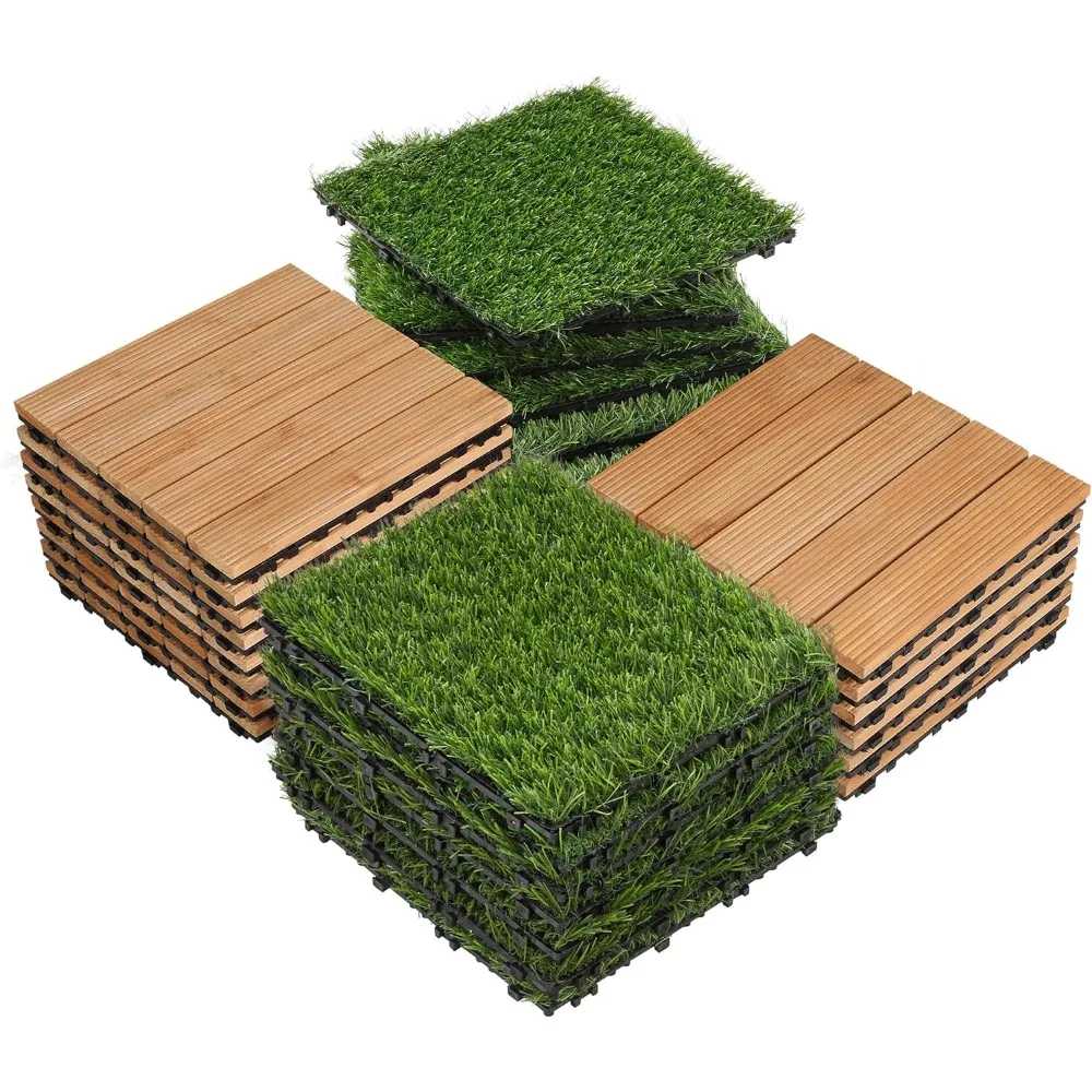 Flooring Decor Set- 27PCS 12” x 12” Artificial Grass Interlocking Turf Tile + Fir Wood Flooring Tiles For Patio Garden Deck