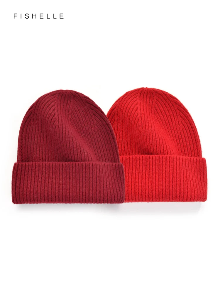 Solid Red Pure Wool Hat Women's Winter Knitted Wool Cap Men's Versatile Cold Hat Thickened Warm Beanie Christmas New Year Gifts