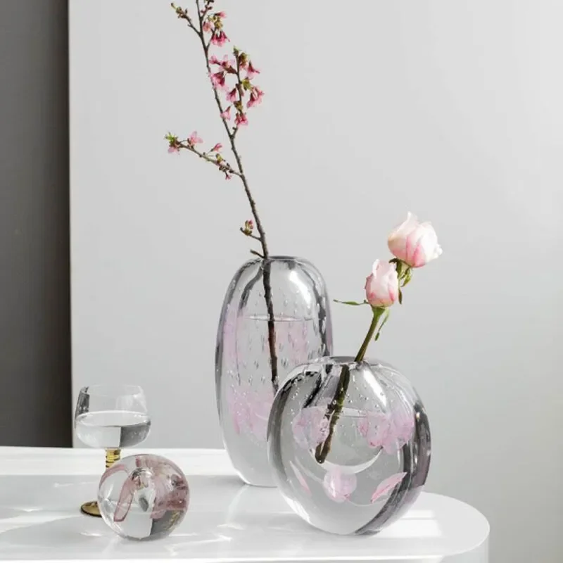Cherry Pink Glazed Glass Vase Luxury Crystal Ball Flower Arrangement Large Decorative Ornament For Living Room Entrance Home
