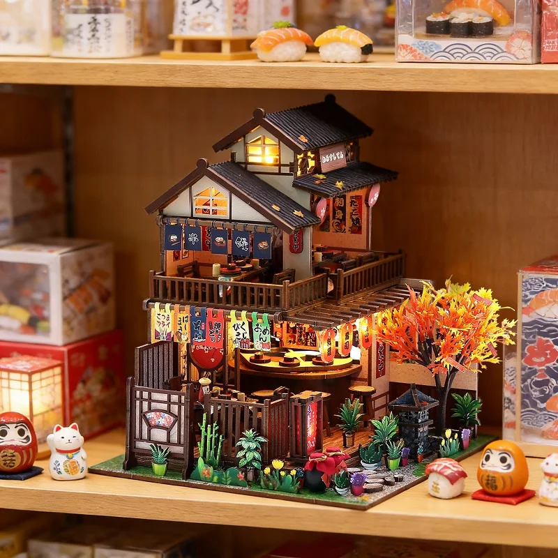 寿司レストラン-3d-パズル木製部屋寝室装飾ドールハウスモデル-diy-おもちゃミニドールハウスキットティーンエイジャーに適しています