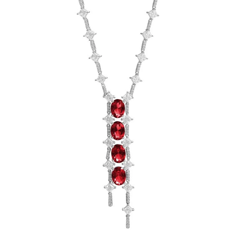 

ZFSILVER Trendy 925 Silver Cultivated Gem Design Red Oval Ladder Necklace For Charm Women Accessories Party Jewelry Gift N3-0002
