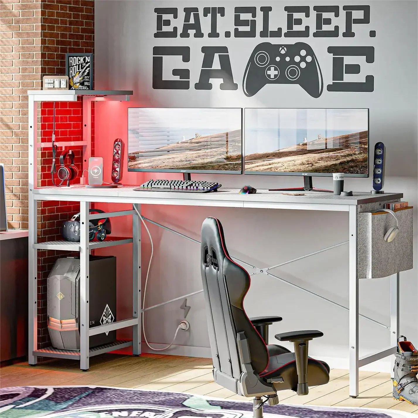 Meja Komputer Gaming Reversibel 61" dengan Meja LED Stopkontak dengan Rak 4 Tingkat, Serat Karbon Abu-abu