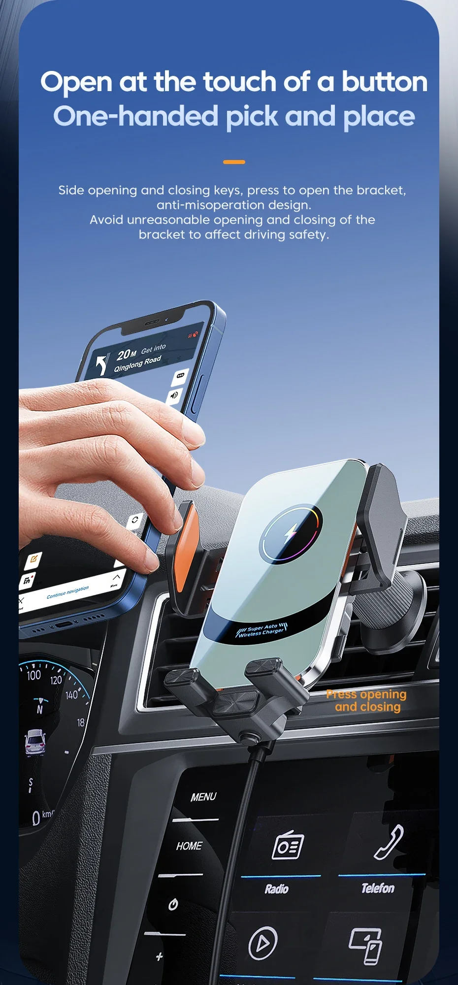 UYUXIO Drahtloses Autoladegerät, superschnelles Laden, automatische Klemmung, Lüftungsschlitze, Autotelefonhalter für iPhone 16, 15, 14 Pro Max, Samsung – Detail 4