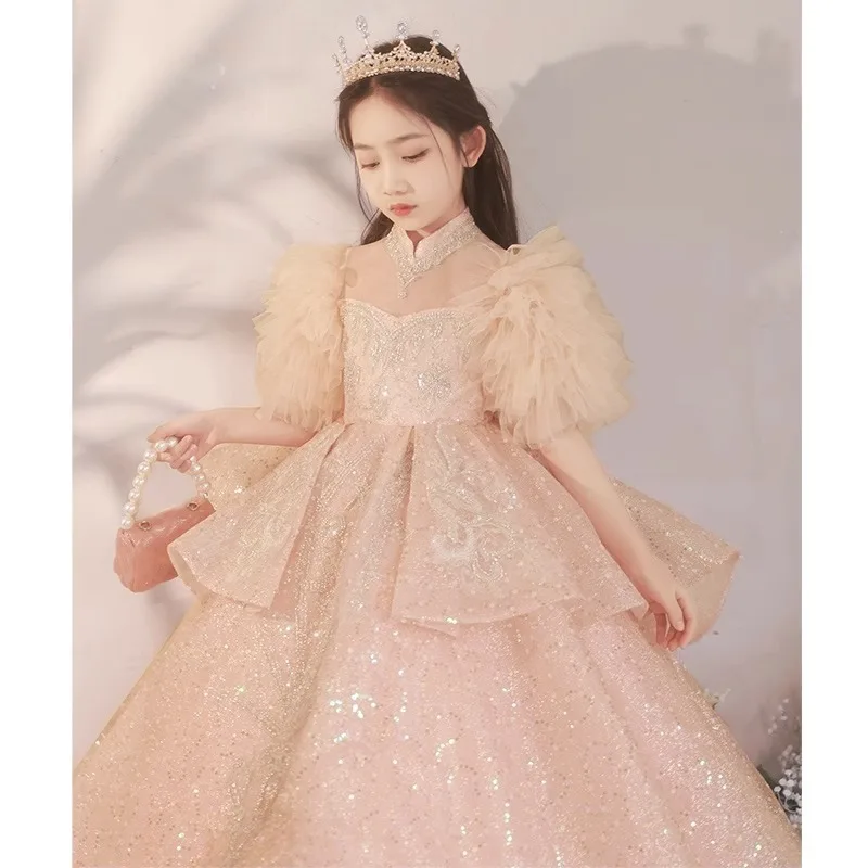 2024 Luxury Gala Dress for Teens Girl Infants Sequins Tutu Sleeve Maxi Dresses for Party Kids Catwalk Costume Children Ball Gown