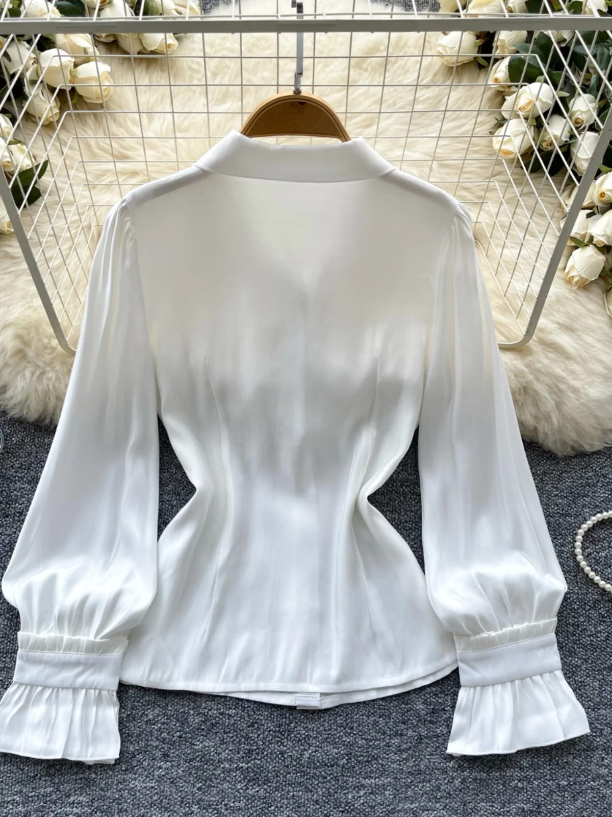 Women's 2024 Summer Lapel Pleated Waist-tight Slimming Design Chic Female Temperament Tops Socialite High-End Long Sleeve Shirts