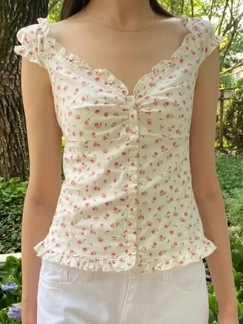 ชุดเซ็ตเสื้อแขนพองแต่งระบายลายดอกไม้สีชมพู กระโปรงทรงเอไลน์ปานกลางแต่งลูกไม้ ผ้าฝ้ายหวานหรูหรา ชุดเซ็ต 2 ชิ้น