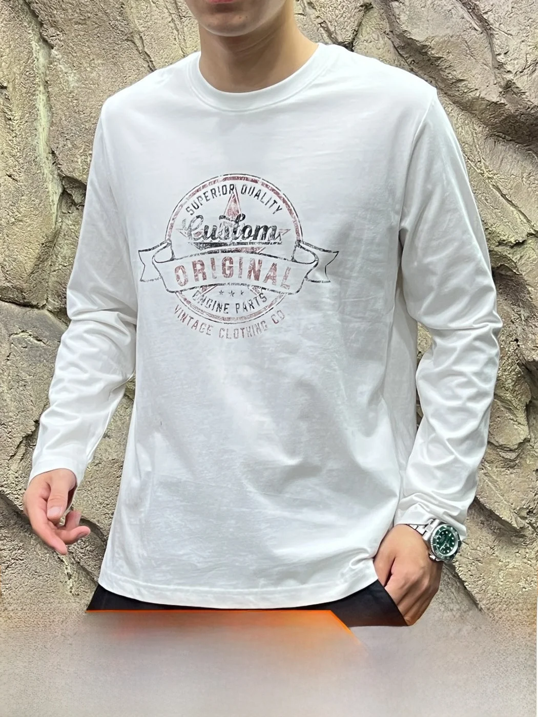  Washed Cotton Long Sleeve T-Shirt Men's Fashionable Base Layer Shirt Technology Print Spring Autumn Casual Style