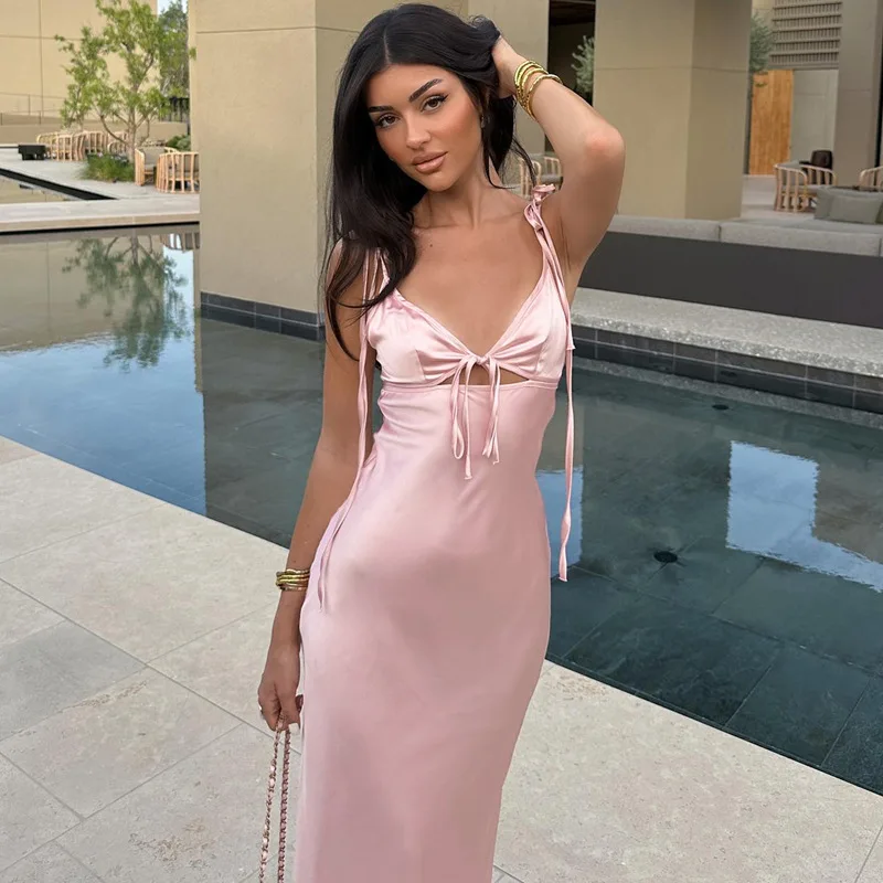 

Satin Sexy Backless Dress Evening Club Birthday Dresses 2025 Women Summer Sexy Bodycon Long Party Elegant Prom Pink Dress