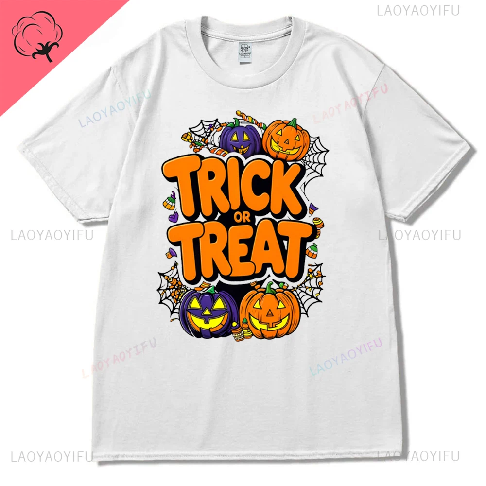 Trick or Treat Pumpkin Lamp Cartoon Graphics Printed Hallowmas Cotton T Shirt Streetwear Short Sleeve Tshirt Hipster Women Tees