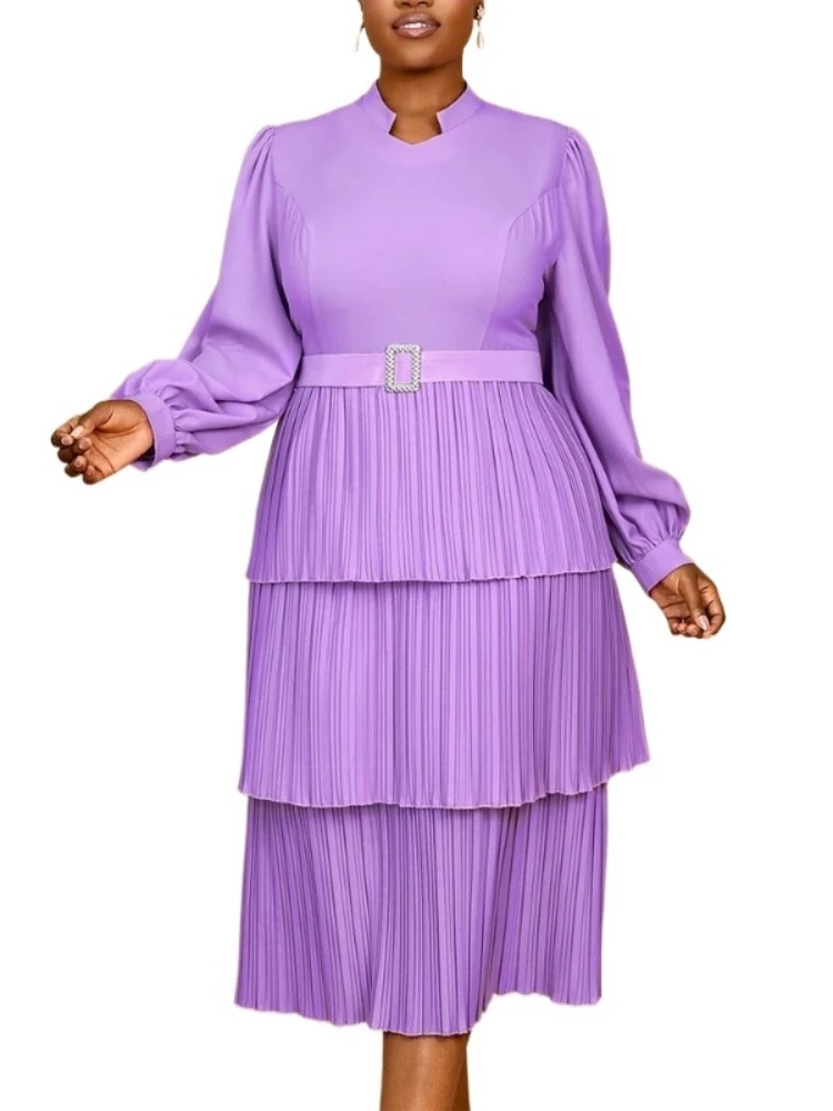 

Luxury Purple Dresses Pleated For Women 2025 New Full Sleeve Belt Waisted Mid Calf High Quality Ladies Birthday Party Vestidos