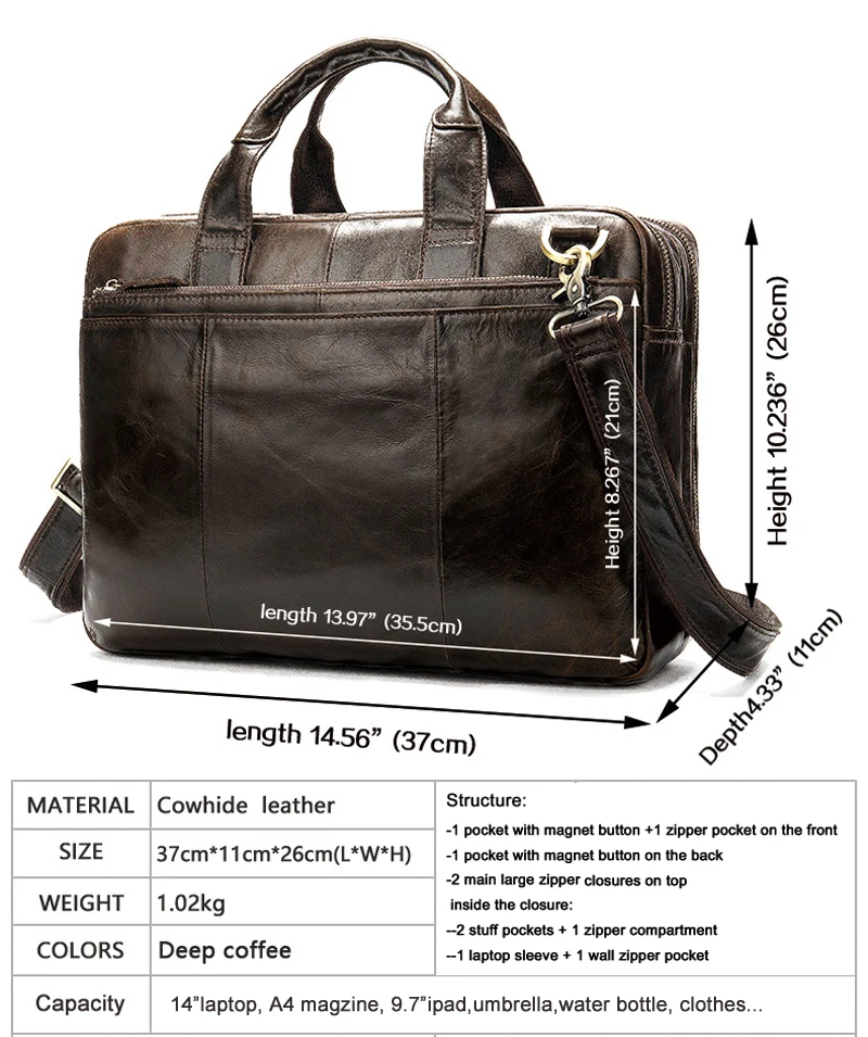 Hochwertige Aktentasche aus echtem Leder für Herren, Business-Tasche, Büro, 14-Zoll-Laptoptasche, Schultertasche, Messenger-Tasche, Portfolio-Etui