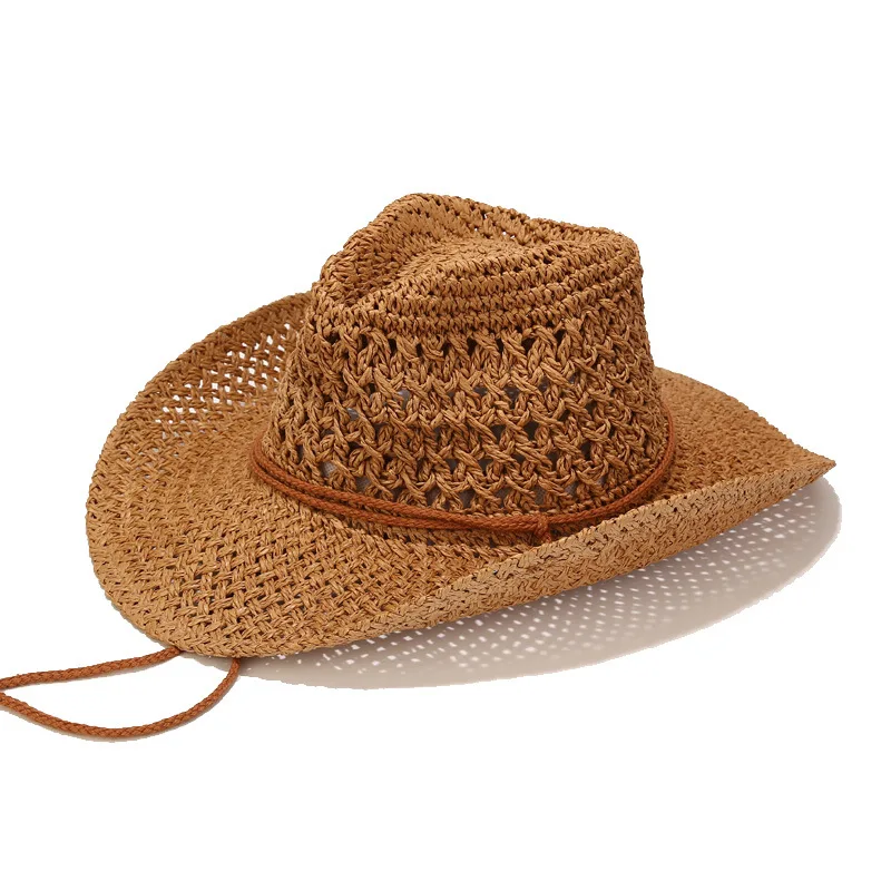 New Handmade Weaving Western Cowboy Straw Hat with Hollow Breathable Sunshade cap for Outdoor Beach Travel