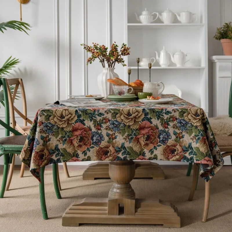 Table Cloth American Colorful Jacquard Table Cloth Oil Painting Thick Table Cloth Blue Flower