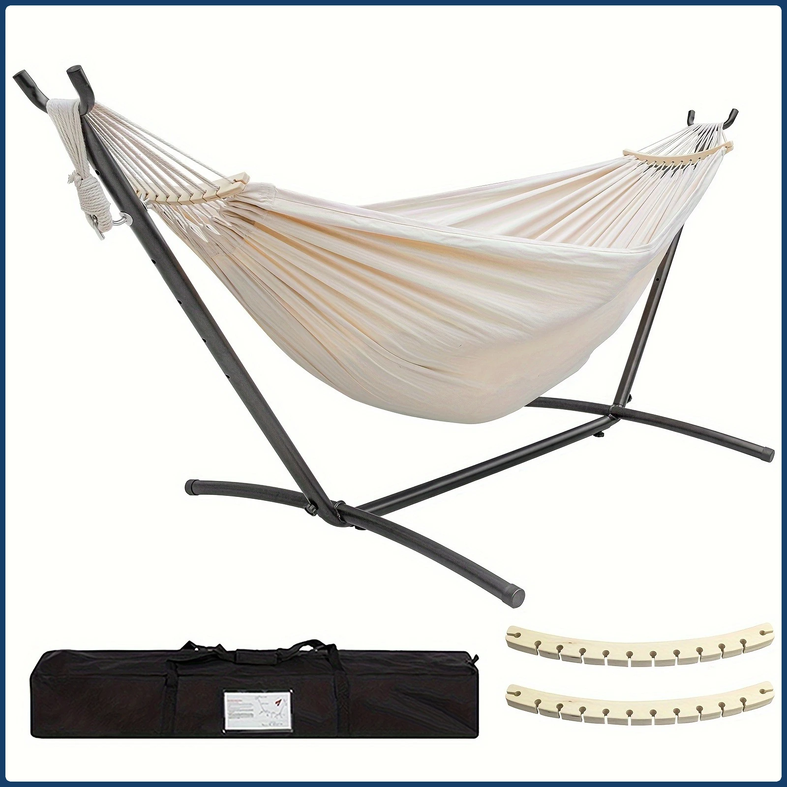 Double Hammock with Steel Stand - 450lb Capacity Includes 2 Anti-Roll Bars & Premium Carry Bag, Backyard & Beach, hammocks