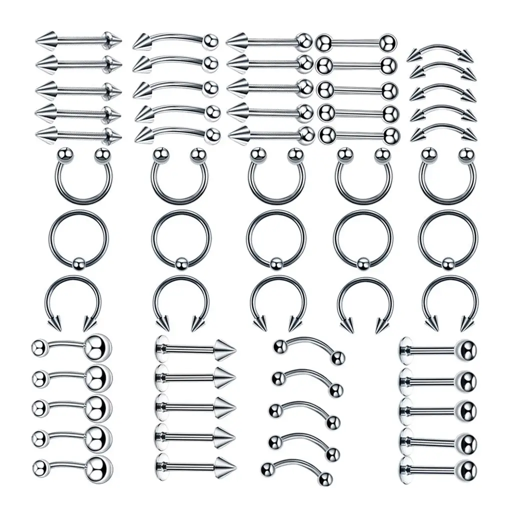 60 Pieces Silver Stainless Steel 14/16G Body Jewelry Piercing Set Eyebrow Navel