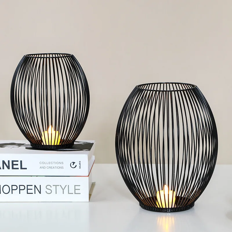 Europe Creative Vintage Iron Lantern Hollow Geometric Shapes Candlestick Candle Romantic Candle Holder Birdcage Shape Decoration