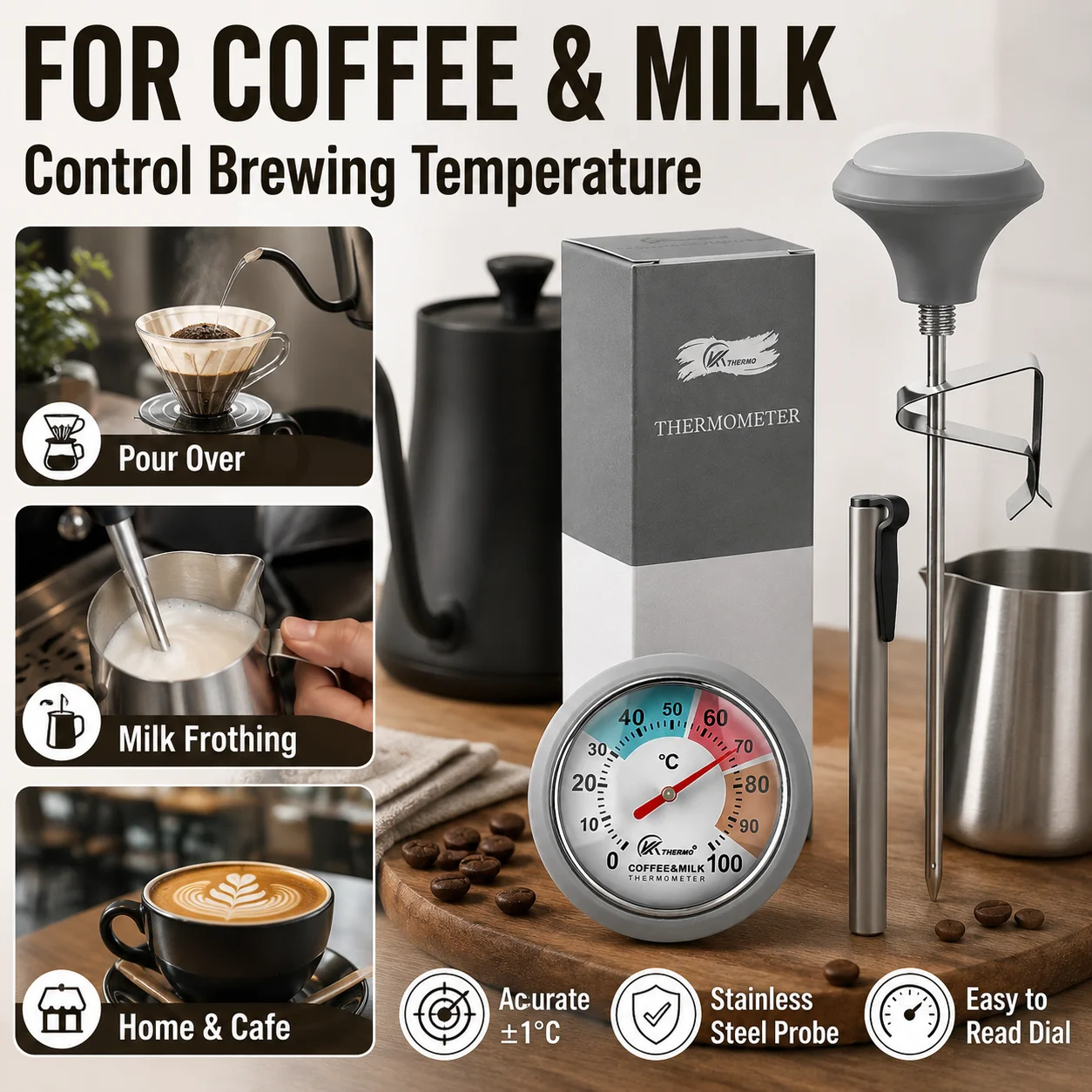 Coffee Milk Thermometer 0-100°C Stainless Steel Probe Dial Thermometer for Pour Over Coffee Kettle Milk Foam Temperature Gauge