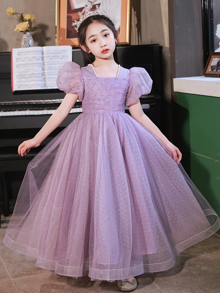 Girl's Piano Performance Dress Purple Square Collar Flower Girls Wedding Party Dresses Pearls Prom Tulle Princess Gowns