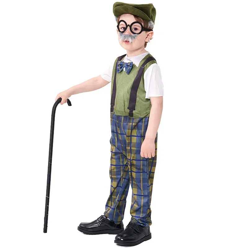 Beard Centenarian Halloween Cosplay Costume for Boy Plaid Jumpsuit With Hat Glasses Suit Kids Children Day Show Grandpa Costume