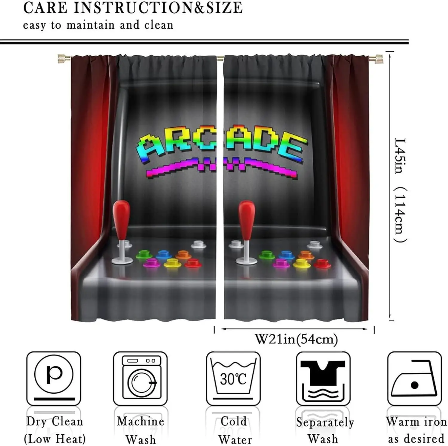 Retro Arcade Game Rod Pocket Curtain Pixel Arcade Word Joystick Color Buttons Print Teen Gaming Room Bedroom Home Decor