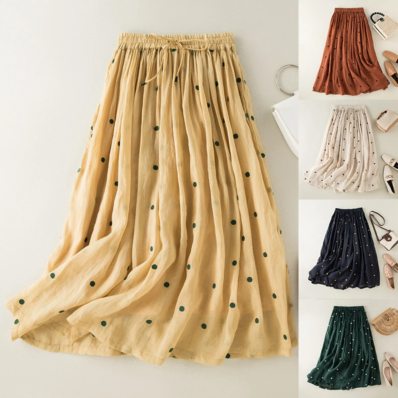 Half Length Skirt For Women Slim Fitting Pleated Skirt Retro Elastic Waist Large Size Cotton And Linen Big Swing Long Skirt