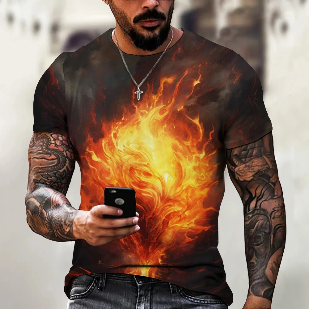 Fashion summer flame 3d pattern printed round neck T-shirt short sleeve men's outdoor basketball sports T-shirt top breathable