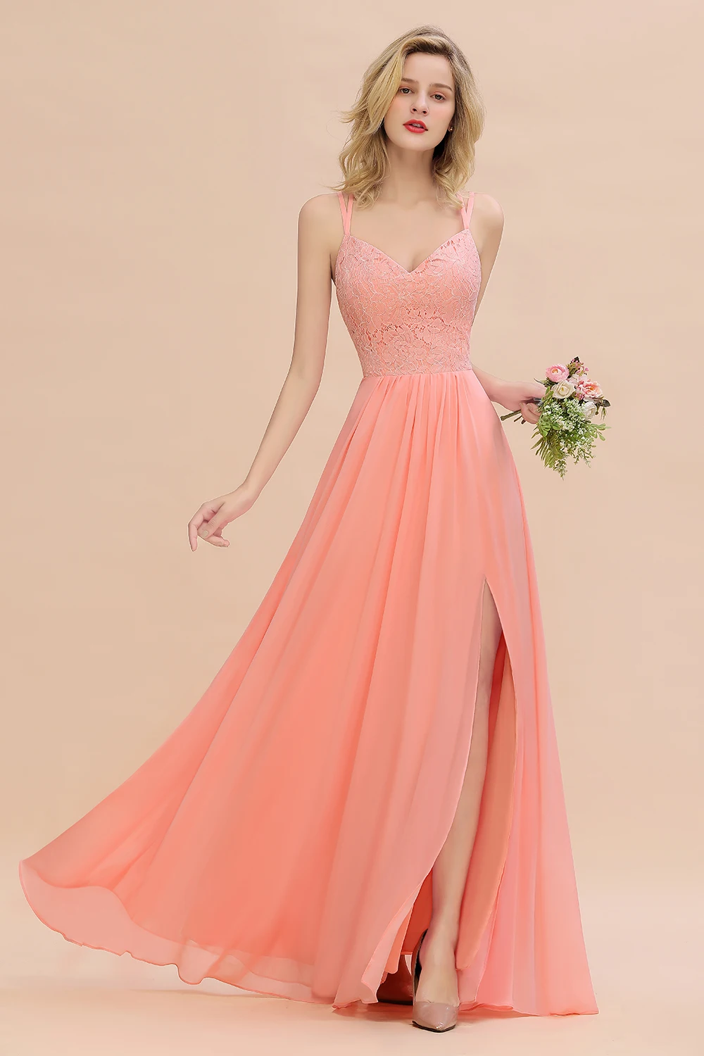 

Elegant Spaghetti Straps Bridesmaid Dresses Chiffon Lace Sweetheart Criss-Cross Backless Side Slit Wedding Party Guest Gowns