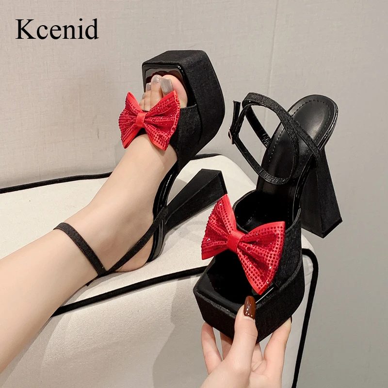 Kcenid Fashion Open Ankle Buckle Strap Sandals High Heel Denim CRYSTAL Butterfly-knot Women Platform Sandals Wedding Pumps