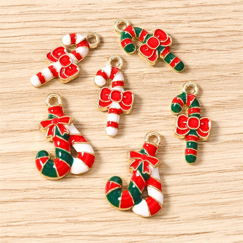 10 Stück Niedliche Emaille-Weihnachtsstock-Anhänger für Schmuckherstellung, Neujahrs-Ohrhänger, Halsketten, Armbänder, DIY-Zubehör – Detail 7