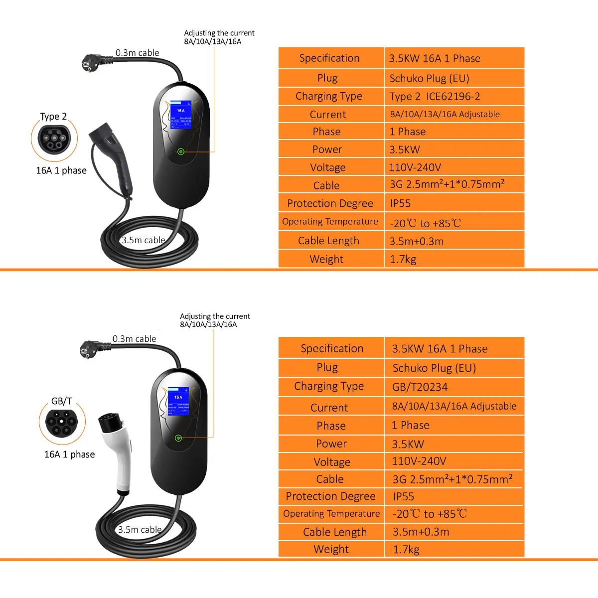 16A 1Phase Type2 3.5KW GB/T EV Charger Portable Charging Station Cable 3.5m Schuko EU Plug for Electric Car Automobile Vehicle