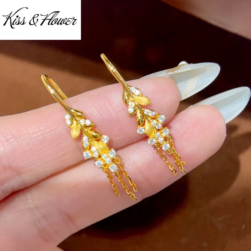 

KISS&FLOWER 24KT Gold Leaves Tassel Drop Earrings For Women Wedding Party Birthday Christmas Bride Mother Girl Lady Gifts ER543