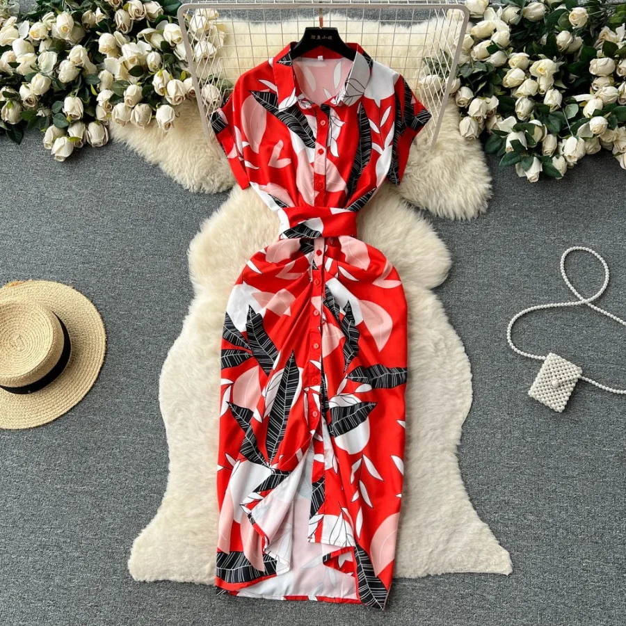 

【New style】European and American retro light mature style lapel single-breasted print dress women's pleated lace waist waist to