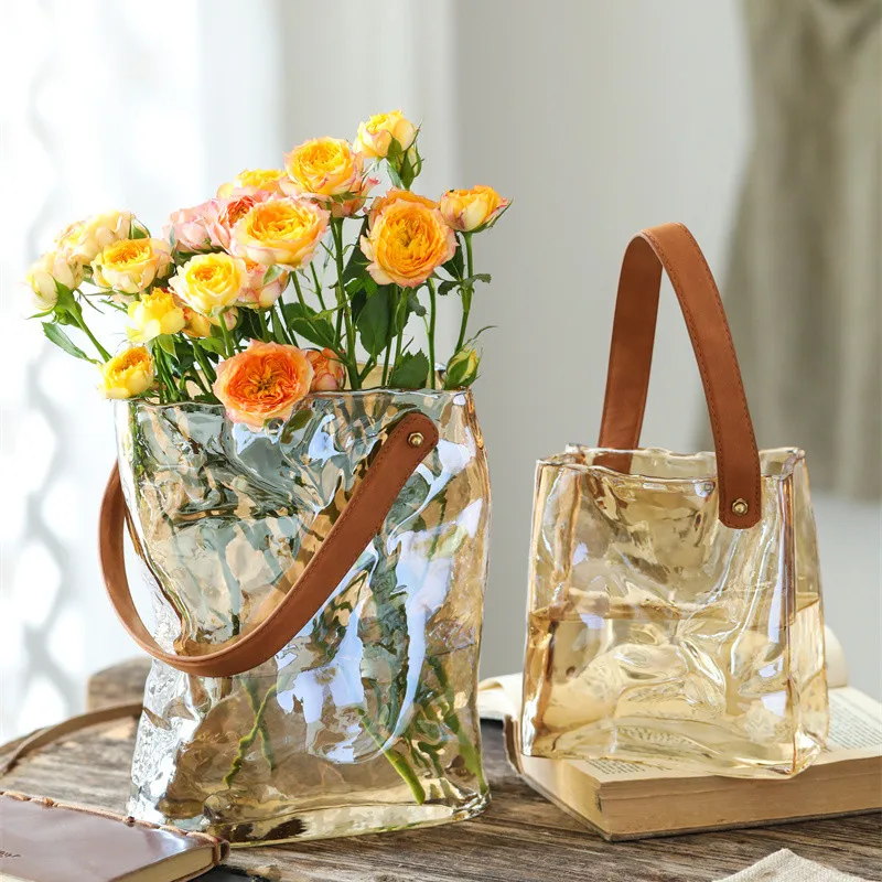 Withered  Wrinkled Simple Luxury Handbag Glass Vase High Beauty Internet Celebrity Flower Arrangement Fresh Flowers Green Plants