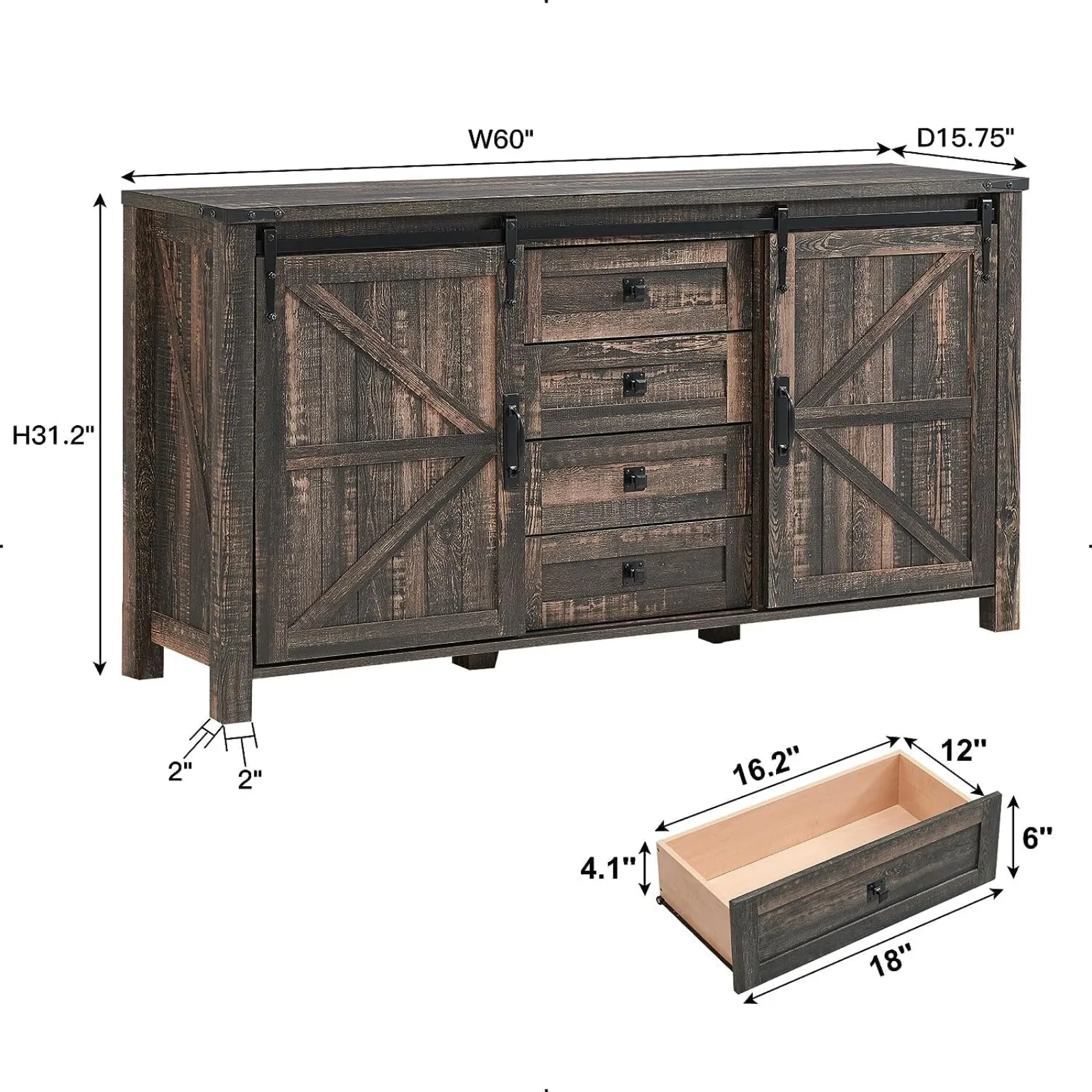 US 48'' Farmhouse Dresser for Bedroom w/4 Drawers & Sliding Barn Doors, Tall Chest of Drawers, Rustic Dresser TV