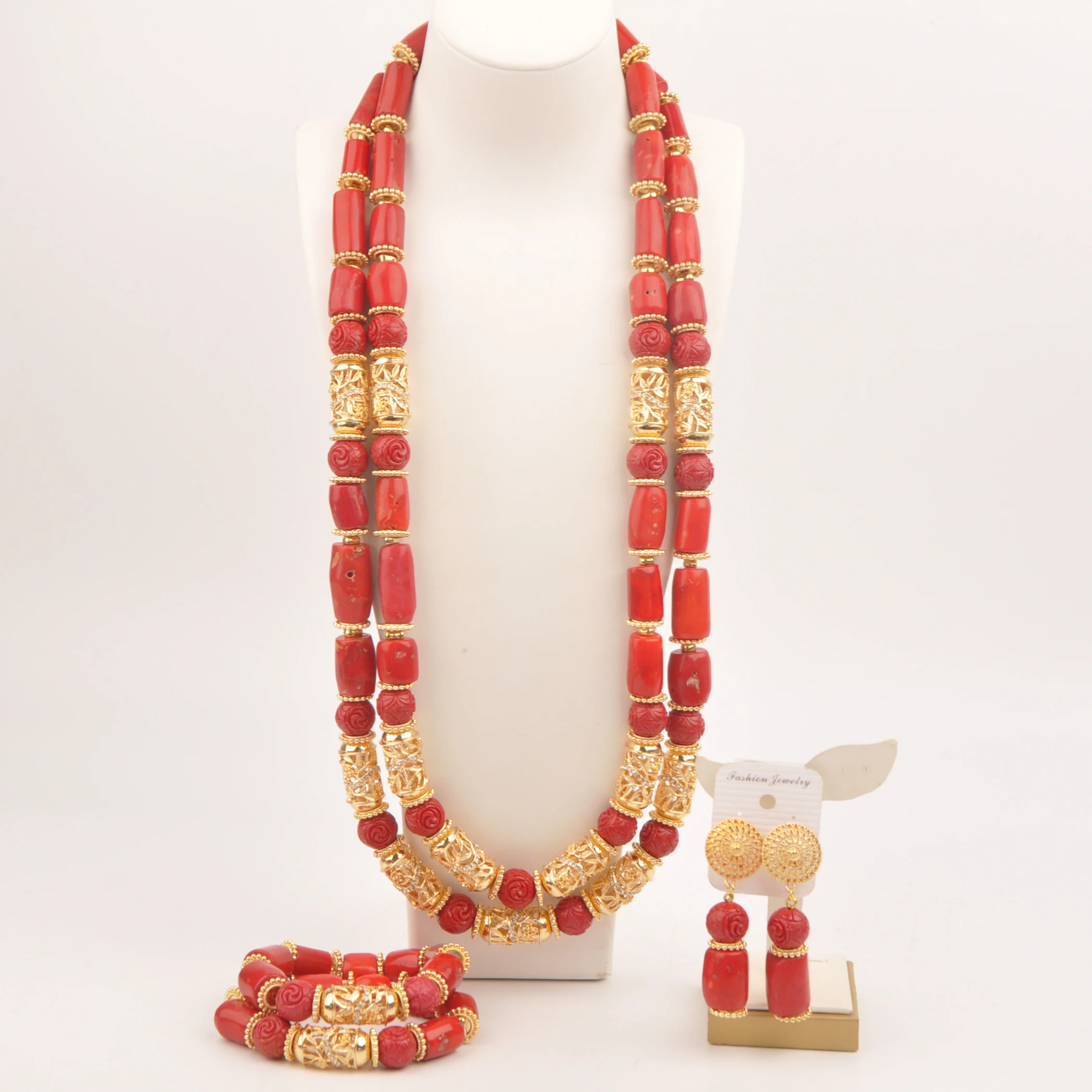 

32inches 2Layers Coral Bead Necklace Nigerian Wedding Bridal Jewelry Sets