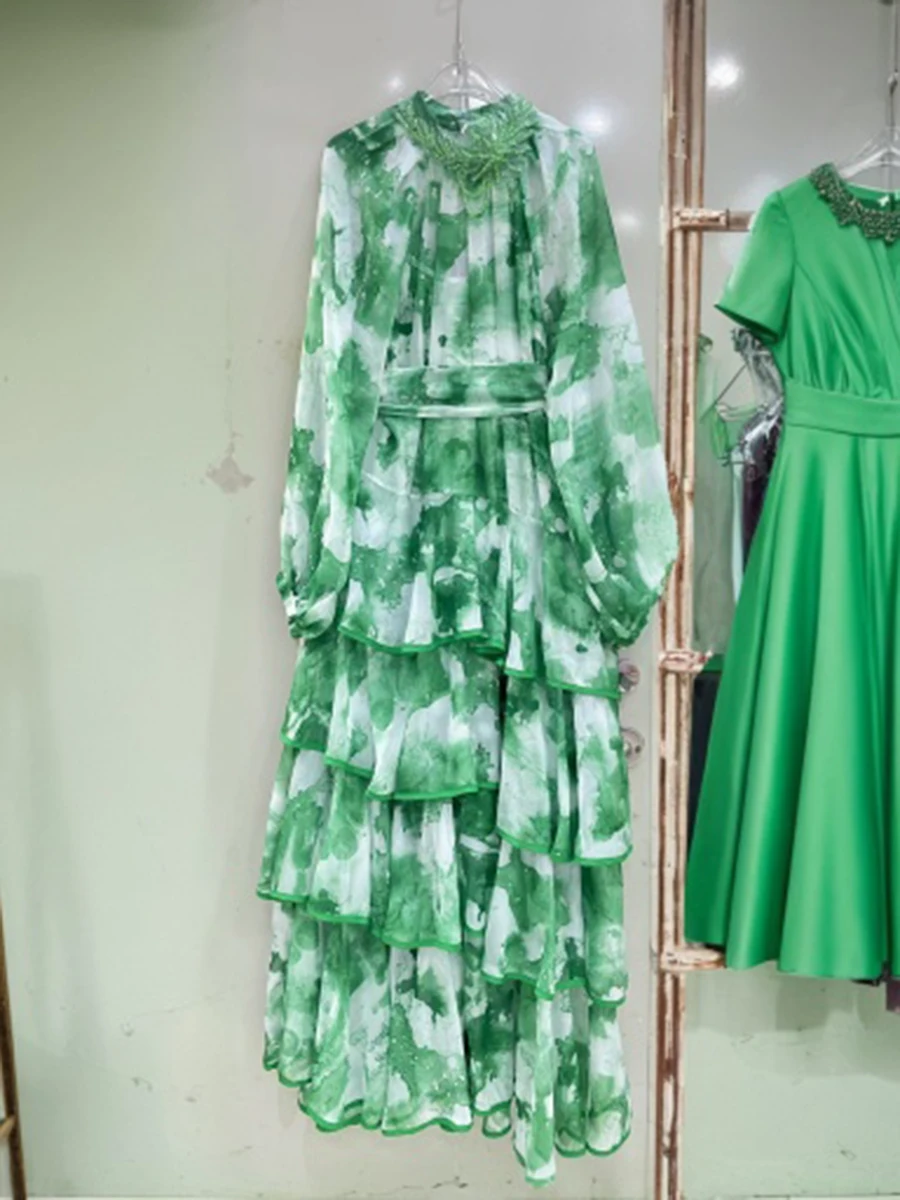 TWOTWINSTYLE cravate colorant pure épissé perle robes élégantes pour les femmes col rond manches longues tunique Patchwork volants plis robe femme