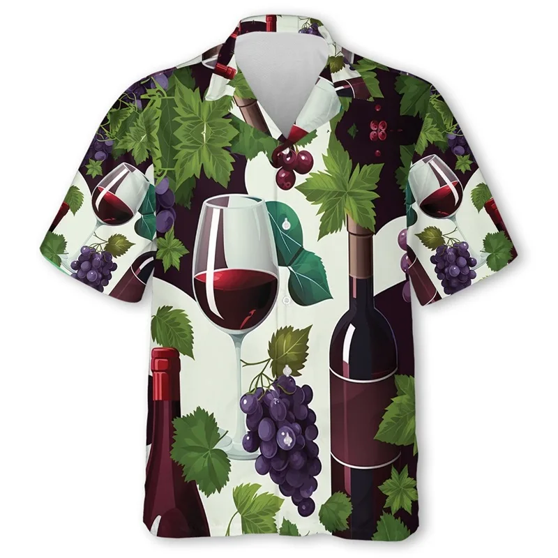 Camicia hawaiana con grafica di vino spumante con stampa 3D per camicetta da uomo estiva a maniche corte con abbottonatura di Champagne